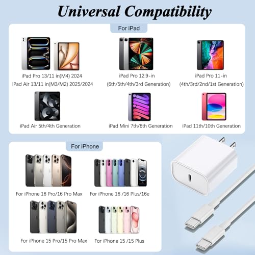 Dual 20 W USB-C Fast Charger Kit for i Pad – 2 Pack with 10 FT Charging Cables for i Pad Pro, Air, Mini – Rapid Power Adapter for Enhanced Performance and Portability