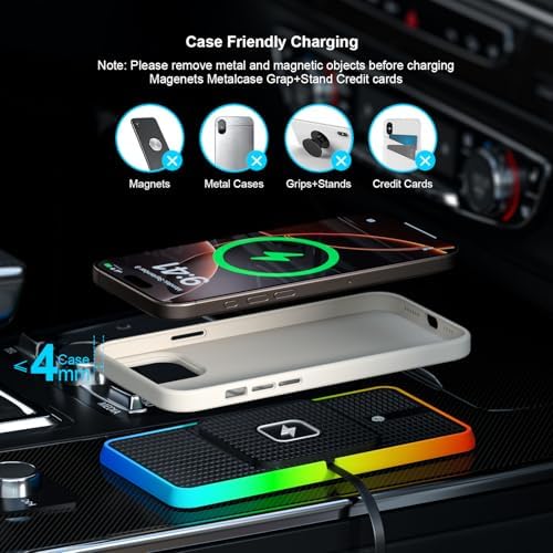 POLMXS C1-Pad Wireless Car Charger – 15 W Fast Charging Pad for i Phone 16/15/14/13/12 & Galaxy S23/S22/S21/Note10 – Advanced Heat Management & Unique Design for Bulge Cameras – Universal Qi Compatibility with Ambient Lighting Options for Personalized Drives