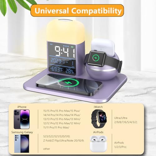 Ultimate 9-in-1 Wireless Charging Station with Integrated Alarm Clock and Night Light – Fast Qi-Certified Docking Solution for Apple Devices with 30 W Ga N Charger and USB Port – Stylish Blue Design for Clutter-Free Bedside Charging