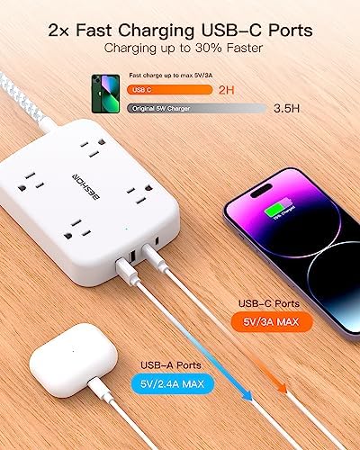 10 FT BESHON Surge Protector Power Strip with 4 Outlets & 4 USB Ports – Flat Extension Cord with 2 USB-C for Fast Charging – Space-Saving Flat Plug Design – 900 Joules Surge Protection for Home, Office & Dorm Room Essentials – Ultimate Power Management Solution