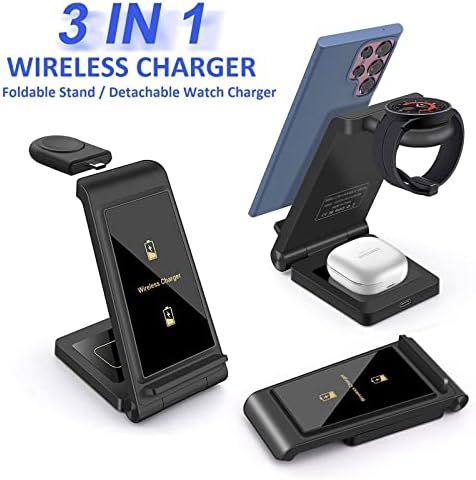DINTNCCM 3-in-1 Fast Wireless Charging Station – Foldable Charger for Samsung Galaxy S24 Ultra, Galaxy Watch6, and Galaxy Buds – Sleek Black Design with Enhanced Safety Features for Home and Travel Use