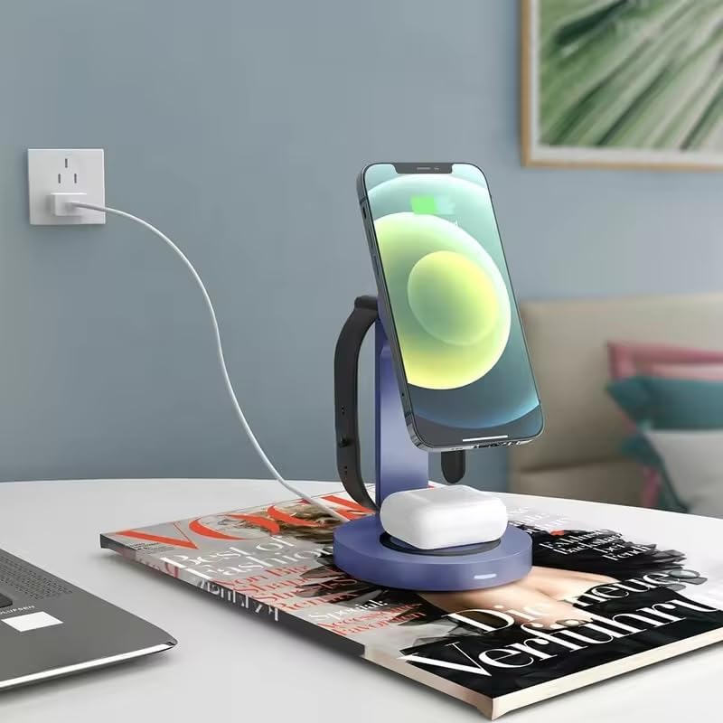 Qrion 15 W Magnetic 3-in-1 Wireless Charger Station – Premium Aluminum Alloy Dock for i Phone 15/14/13/12, Apple Watch & Air Pods Pro/3/2 – Fast Charging & Enhanced Compatibility with USB-C Cable – Sleek, Durable Design for Modern Homes and Offices