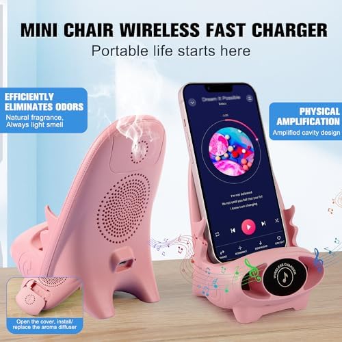 Compact 3-in-1 Wireless Fast Charger & Phone Stand with Built-in Speaker – Stylish Mini Chair Design in Pink for Efficient Charging and Enhanced Audio Experience – Perfect Portable Accessory for Home or Office Use