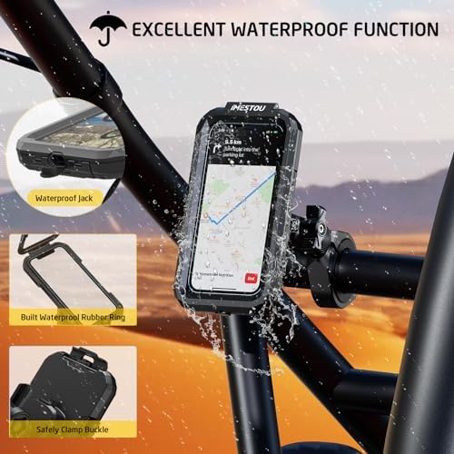 i MESTOU All-Weather ATV Phone Mount with Heavy-Duty Aluminum Clamp – Securely Fits 1.5” to 2.1” Handlebars for 5.5″-6.8″ Smartphones – Essential Navigation and Communication Tool for ATV & UTV Riders – Waterproof, Durable, and Stable Design for Outdoor Adventures