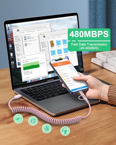 Vibrant Pink Retractable 2-in-1 Charging Cable for Carplay & Android Auto – MFi Certified Lightning and USB-C Fast Charger, 3 A Data Sync Coiled Cord for Ultimate Portability and Style