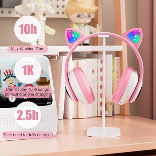 Playful Cat Ear Bluetooth Headphones for Kids – Foldable Over-Ear Design with LED Lights, Safe Listening Volume Control, Built-in Microphone, and Multi-Device Connectivity – Ideal for Music, Movies, and Gaming on i Phones, i Pads, Smartphones, and More!