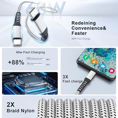 10 Ft USB-C to USB-C Cable 3 Pack – Lightning-Fast Charging for i Phone 15/16, Mac Book & Samsung Galaxy – Extra Long, High-Performance Power Delivery – Durable Design for Ultimate Versatility and Convenience