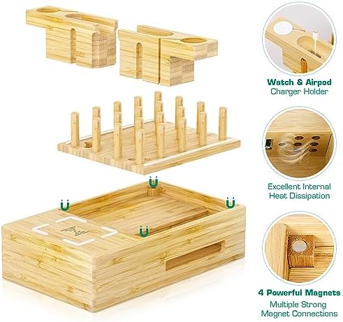Eco-Friendly Bamboo Wireless Charging Station – Versatile Docking Organizer with 7 USB Ports for Fast Qi-Certified Charging of Smartphones, Smartwatches, Earbuds, and Tablets – Sleek Design for Enhanced Productivity and Clutter Reduction