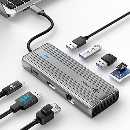 Maximize Your Productivity with the PHIXERO 8-in-1 USB C Adapter: High-Speed 5 Gbps USB 3.0 Hub, 4 K@60 Hz HDMI Output, 1 Gbps Ethernet, 100 W PD Charging, SD/TF Card Reader – Perfect for Mac Book Pro, Air, Surface & More in Sleek Gray Design
