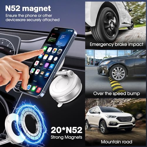 360° Rotatable Vacuum Magnetic Phone Holder, Foldable and Retractable Suction Cup Car Phone Mount for Car/Gym/Mirror/Smooth Surface, Compatible with iPhone Android and All Smartphones (Black) – Enhanced Compatibility and Speed