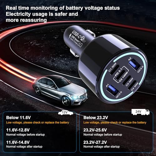 CHIPOFY 300 W USB C Car Charger – 6-Port Super Fast Charging Adapter with 4 USB-C & 2 USB-A Ports for Mac Book, i Phone 16/15 Pro Max, Galaxy S25/S24 Ultra – PD3.1, PPS, Quick Charge Technology for Ultimate Compatibility and Performance on the Go