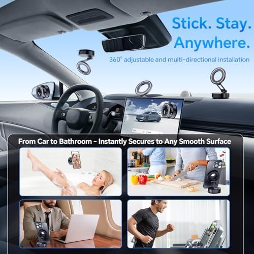 360° Adjustable Magnetic Phone Holder, Metal Suction Cup Phone Mount, Vacuum Magnetic Phone Holder, Foldable Phone Mount for Your Car/Bathroom/Gym/Mirror, for All Smartphones & All Car Models – Enhanced Compatibility and Speed
