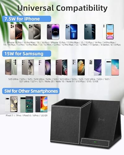 Multi-Functional Desk Organizer with Wireless Charging, Digital Thermometer & Humidity Monitor – Stylish Brown Pen Holder for Home Office Efficiency and Clutter-Free Workspace