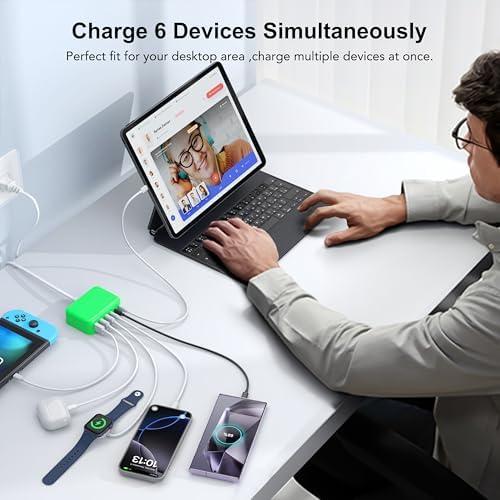 BREEKET 100 W USB C Fast Charger Hub – 6-Port Ga N Charging Station with 3 USB-A & 3 USB-C Connections – High-Speed Wall Adapter for i Phone 15/14/13/12/11 Pro Max, i Pad, Google Pixel & Samsung Galaxy Devices – Compact, Safe & Stylish Power Solution