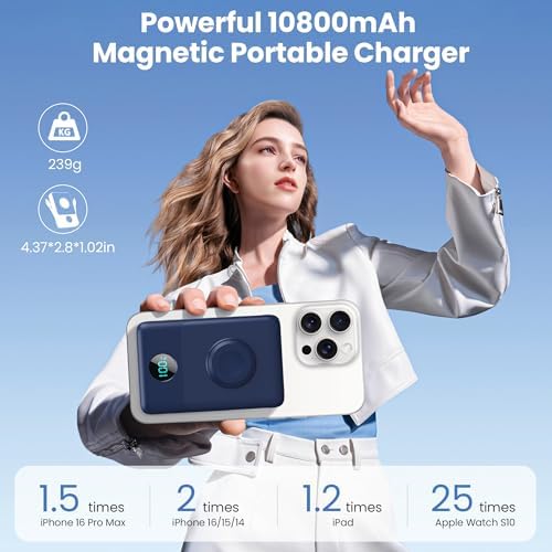 Magnetic Portable Charger 10800 m Ah – 6-in-1 Wireless Power Bank with Built-in Cables for i Phone & Apple Watch – 20 W PD Fast Charging Battery Pack in Stylish Blue – Ultimate On-the-Go Charging Solution with Enhanced Compatibility and Secure Magnetic Connection