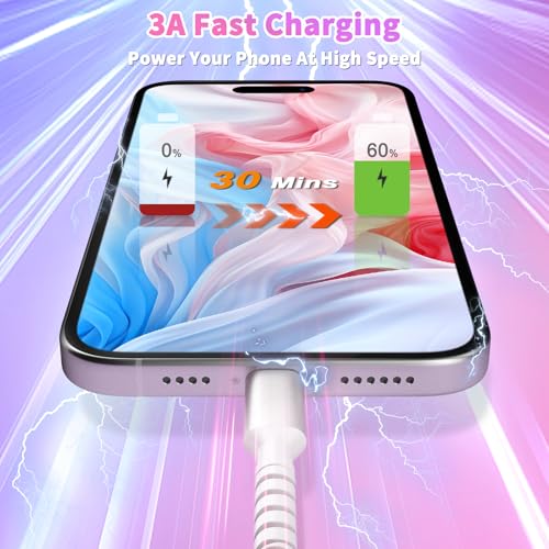 Stylish MFi Certified USB C to i Phone Charger Cable – 3 FT Square Beaded Purple Design for Rapid 66 W Fast Charging & High-Speed Data Sync – Compatible with i Phone 14, 13, 12, 11 Plus, Pro Max & i Pad 9 th/8 th – Durable, Elegant, and Efficient Charging Solution