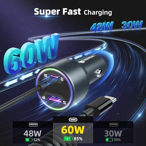 HUNDA 60 W USB-C Car Charger – Rapid Dual USB Fast Charging for i Phone 15 and Galaxy S24/S23/S22 – Power Delivery 30 W Compatibility for Quick Device Charging on the Go – Compact Design with Safety Features for Enhanced Performance and Portability