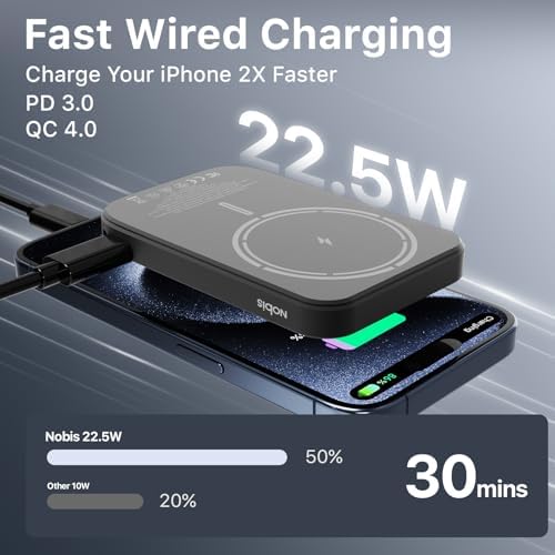 NOBIS 5000 m Ah Slim Magnetic Power Bank with Built-In USB-C Cable – Wireless Portable Charger for Quick Charge 3.0 and Mag Safe Compatibility – 22.5 W Fast Charging Solution for Android and i Phone Users on the Go