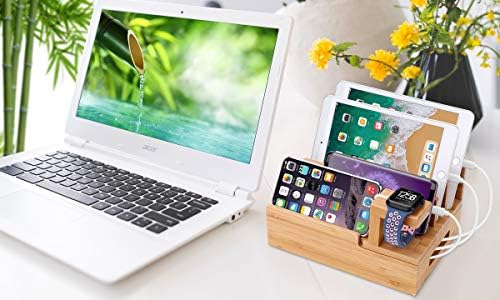 Eco-Friendly 5-Port USB Charging Station Organizer – Fast Charging Bamboo Dock for Multiple Devices, Compatible with Apple Watch, Samsung Phones & Tablets – Sleek, Space-Saving Design for Home and Office Use