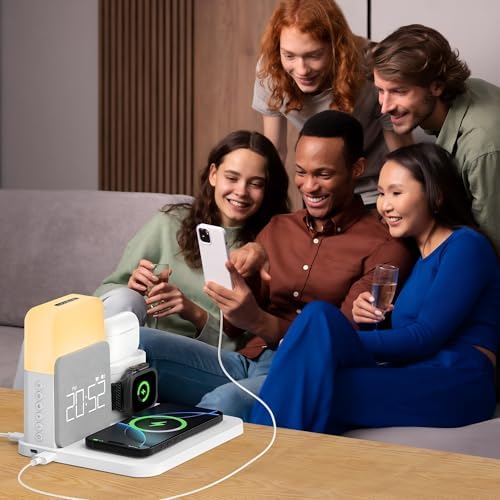 Elevate Your Nightstand with the 7-in-1 Wireless Alarm Clock Charging Station – Fast Mag-Safe Charger for i Phone 12-16 Pro Max, Apple Watch & Air Pods, Features Adjustable Night Light and Sleek Time Display for Ultimate Bedroom Convenience