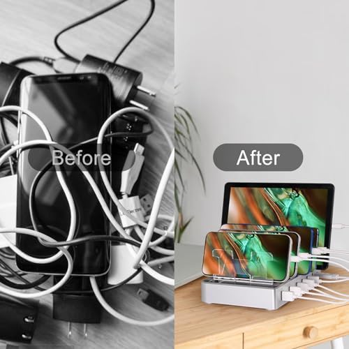 GARUET 6-Port USB Charging Station – Fast Multi-Device Charger Hub with 6 Mixed Cables for i Phones, i Pads, and More – Sleek Design, Enhanced Compatibility, and Intelligent Safety Features for Efficient Power Management