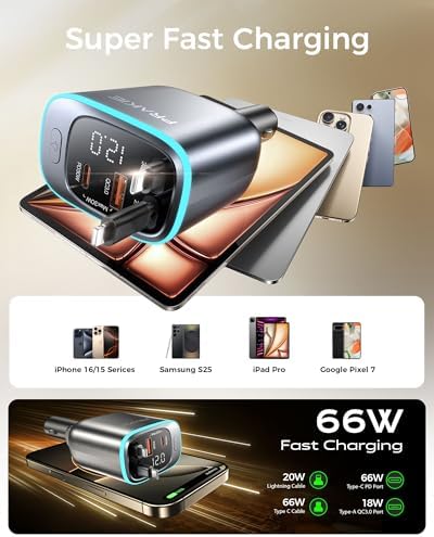 Ultimate i Phone Car Charger – Retractable Fast USB-C Adapter with Dual 30-Inch Cables & Multi-Port USB Connectivity for Enhanced Speed and Compatibility | 4-in-1 Cigarette Lighter Solution for i Phone 16/15/14/13/Pro Max | Efficient Travel Charging Accessory
