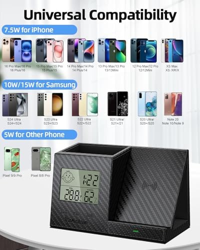 Multi-Functional Desk Organizer with Wireless Charging, Digital Thermometer & Humidity Monitor – Stylish Brown Pen Holder for Home Office Efficiency and Clutter-Free Workspace