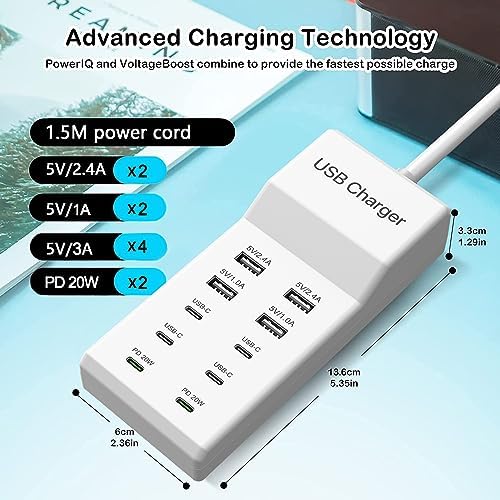 Ultimate 12-Port USB C Charging Station – 60 W Multi-Device Power Hub with 10 USB-C and 2 USB-A Ports for Fast Charging of i Phone, i Pad, Samsung, Google Pixel, Smartwatches, and Headphones – Compact Design for Home, Office, or Travel – Smart Technology for Optimal Power Delivery and Enhanced Compatibility