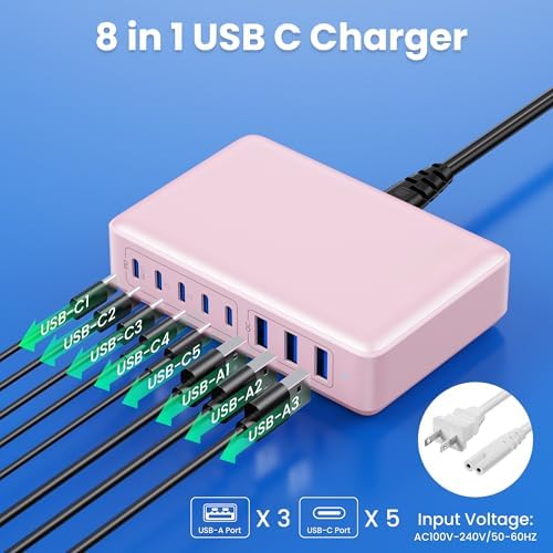 Revolutionary 300 W Ga N IV Technology USB-C Charging Hub – 8-Port Multi-Device Charger for Mac Book Pro/Air, DELL Laptops, i Phone 16/15/14 & Galaxy S25 – Sleek Navy Finish for Enhanced Home & Office Efficiency – Your Premier Solution for Rapid Device Power and Seamless Connectivity