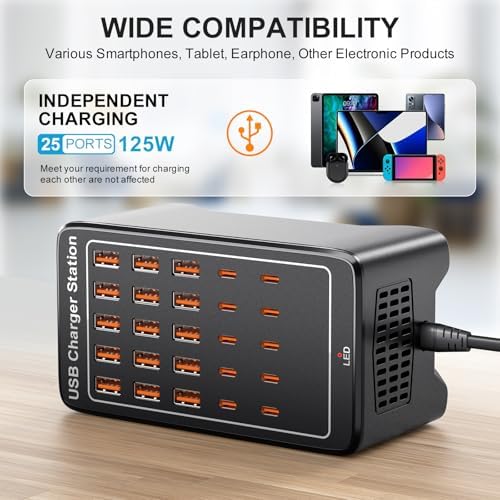 MIXILIN 25-Port USB A & C Fast Charging Station – 125 W Multi-Device Power Hub for Ultimate Compatibility with Smart Devices – Sleek Black Design for Efficient Charging in Homes and Offices – Intelligent Power Distribution for Enhanced Performance
