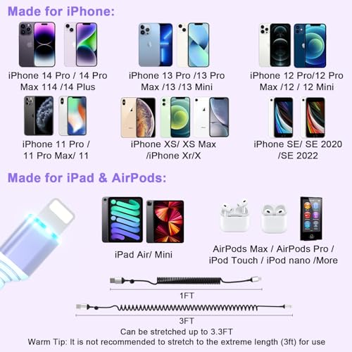 Enhance Your Driving Experience with the 2-Pack 3 FT MFi Certified i Phone Charging Cable for Apple Car Play – Retractable Lightning Cord for i Phone 14/13/12/11, i Pad & Air Pods – Fast Charging & Convenient Storage in Sleek Black