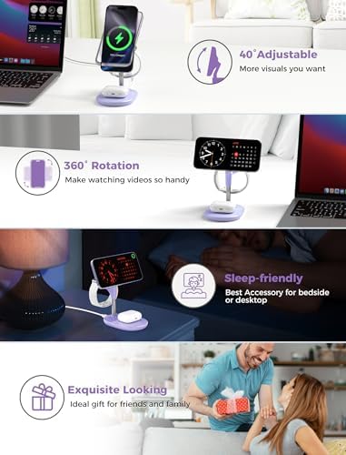 All-in-One Wireless Charging Station for Apple Devices – 15 W Fast Qi-Certified Mag-Safe Charger for i Phone 16, 15, 14, 13, 12, Apple Watch & Air Pods – Adjustable Viewing Angle, Ideal Gift for Women – Enhance Your Charging Efficiency and Style