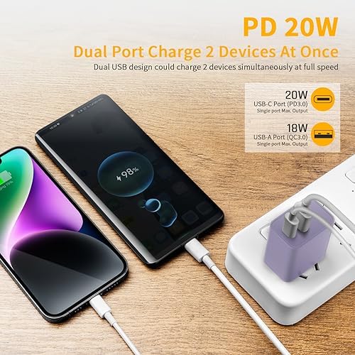 Dual Port USB C Fast Charging Block for Watch SE & i Phone 14 Pro Max – 2023 Upgrade with Elegant Purple Design | Simultaneously Charge Smartwatches and Smartphones | Compact & Durable Adapter for On-the-Go Efficiency