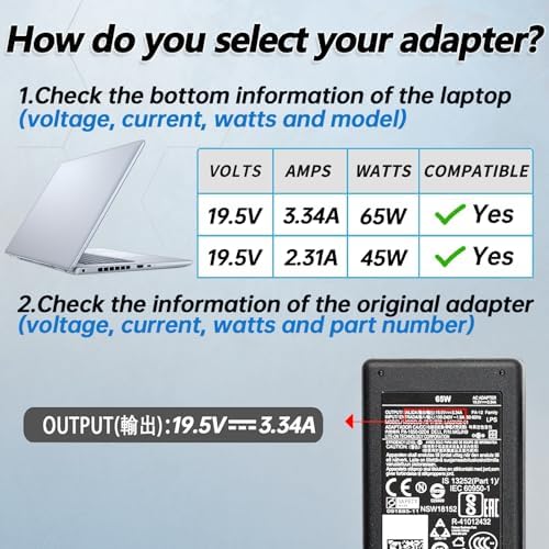 65 W High-Efficiency AC Adapter for Dell Inspiron & Vostro Series – Ultra-Compatible 4.5 mm Tip Laptop Charger with Enhanced Portability, Ideal for 3000, 5000, 7000 Models – Lightweight Design Perfect for On-the-Go Use and Travel-Friendly Power Solution