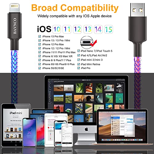 Illuminate Your Charging Routine with the Apple MFi Certified 5 ft RGB Lightning Cable – Fast Charging Data Cord for i Phone 14, 13, 12, 11 Pro, XS Max, XR, X, 8, 7, 6, i Pad & i Pod – Stylish, Durable, and Versatile USB Charger with Gradual LED Light Feature for Enhanced Visibility and Connectivity