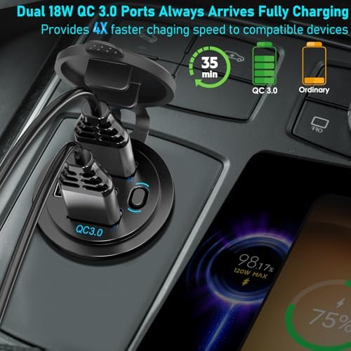 High-Power 4-Port 12 V USB C Car Charger Socket – 90 W Dual PD 36 W & QC 18 W Ports for Fast Charging – Versatile Marine, RV, Truck & Motorcycle Compatibility with Button Switch & USB-C Cable Included – Ultimate On-the-Go Power Solution