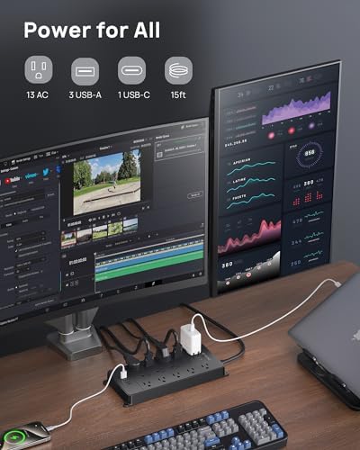 Maximize Your Power Potential with the TROND Heavy-Duty Surge Protector Power Strip: 13 Wide-Spaced Outlets, 32 W Quick Charge USB-C, 4000 Joules Protection, 5 ft Flat Plug Extension Cord, Wall Mountable Design for Seamless Integration in Home and Office Spaces – ETL Listed for Ultimate Safety and Reliability