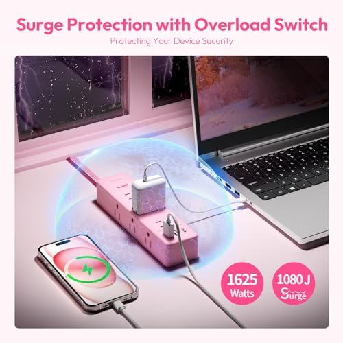 Stylish Pink Surge Protector Power Strip by NTONPOWER – 15 FT Flat Extension Cord with 9 AC Outlets & 3 USB Ports (1 USB-C), 1080 J Surge Protection for Home, Dorm, and Desk Use – Perfect for Women Seeking Efficiency and Aesthetic