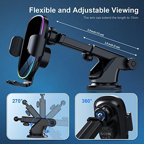 SOARUN Wireless Car Charger Mount with Dynamic 7-Color LED Backlight – 15 W Fast Charging Auto-Clamping Phone Holder for i Phone 14 Pro, 13, 12 & Samsung S23 Ultra, S22 – Enhanced Compatibility & 360-Degree Rotation for Safe Driving and Optimal Viewing