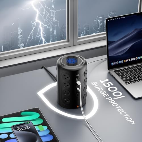 Maximize Your Charging Efficiency with the Ten Trend Vertical Power Tower – 16 Outlet Surge Protector Power Strip Featuring 5 USB Ports (2 USB-C), 10 FT Heavy-Duty Cord, 1875 W Capacity, and 2000 J Surge Protection for Home Office and Dorm Room Essentials – Space-Saving Design for Ultimate Convenience and Safety