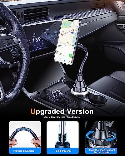Mag Safe-Compatible Cup Holder Phone Mount – Ultra-Strong Magnetic Phone Holder with Flexible Gooseneck, Expandable Base for Secure Fit in Any Vehicle, Perfect for i Phone, Galaxy, and Pixel – Enhance Your Driving Safety and Convenience