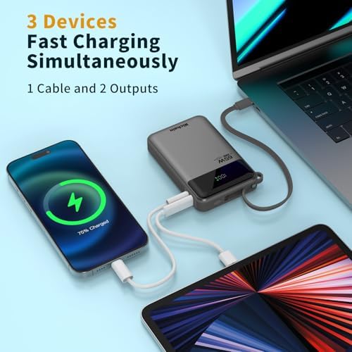 Hichain 65 W PD 20000 m Ah Fast Charging Power Bank – High-Capacity Portable Laptop Charger with Triple USB-C Ports for Mac Book, i Phone 16/15, Samsung & Android Devices – Sleek Gray Design for Effortless Travel Power Solutions