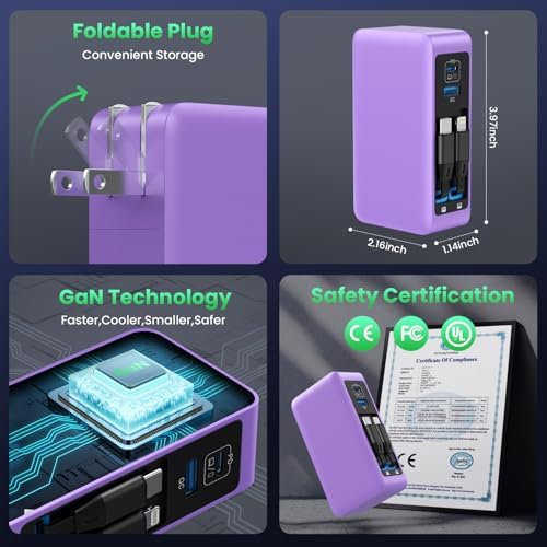 120 W Ga N IV USB-C Charger Station with Dual Retractable Cables – Fast Charging Wall Adapter for Mac Book, i Pad, i Phone 16/15/14, Galaxy S24 & Android Devices – Compact 4-in-1 Foldable Design for Effortless Travel and Enhanced Compatibility