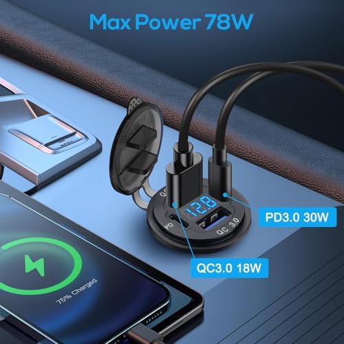 Linkstyle 12 V USB Outlet with Dual 18 W QC3.0 USB-A and Dual 30 W PD Type-C Ports – Fast Charging Car Socket with LED Voltmeter for RVs and Boats, Ultimate Device Compatibility and Travel Durability