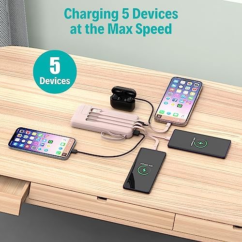 Slim 10,000 m Ah Portable Charger with Built-in Cables – High-Speed USB-C Power Bank for Travel | 5 Outputs & 3 Inputs, LED Display, Compatible with i Phone, Samsung, Pixel, LG & More – Essential Power Solution for On-the-Go Charging