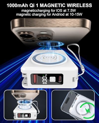 10000 m Ah Mag Safe-Compatible Portable Charger Power Bank – 22.5 W Fast Charging Travel Essential with Built-in USB-C & Lightning Cables – 5-in-1 Wireless Charging Solution for i Phone, Android, and Samsung Devices