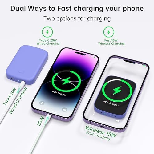 Magnetic 10,000 m Ah Fast Charging Power Bank for i Phone 15/14/13/12 – 20 W Wireless Portable Charger with USB-C Dual Ports & Cable – Effortless Magnetic Attachment for On-the-Go Power Efficiency