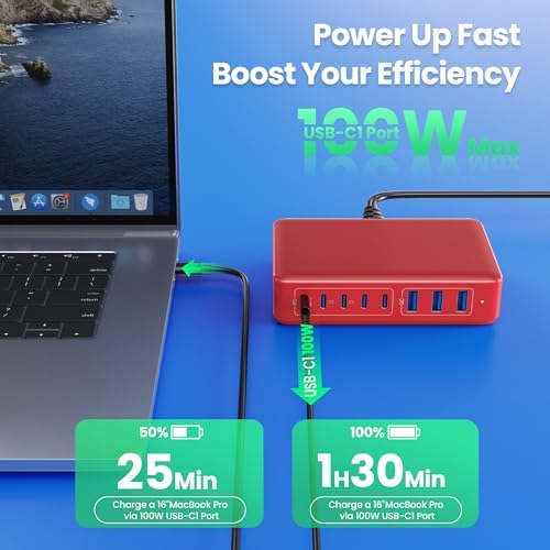Revolutionary 300 W Ga N IV Technology USB-C Charging Hub – 8-Port Multi-Device Charger for Mac Book Pro/Air, DELL Laptops, i Phone 16/15/14 & Galaxy S25 – Sleek Navy Finish for Enhanced Home & Office Efficiency – Your Premier Solution for Rapid Device Power and Seamless Connectivity
