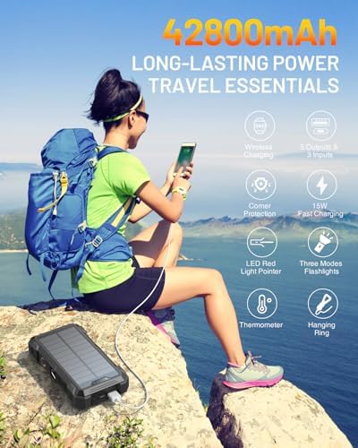 Ultimate GOODaaa Solar Power Bank – 42,800 m Ah High-Capacity Portable Charger with 20 W Fast Charging, Integrated Cables, Wireless Charging for Apple Watch, LED Flashlight, Carabiner & Built-in Thermometer – The Essential Outdoor Power Solution for Adventurers and Travelers