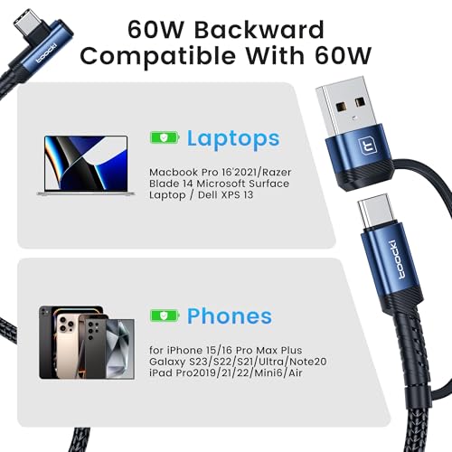 60 W USB-C to USB-C Cable Bundle (2-Pack, 6.6 FT) – Superior Fast Charging & Data Sync with Ergonomic Right Angle Design – Ideal for i Phone 15 Pro Max, Mac Book Air, Samsung S23 Ultra & More – Built to Last with Premium Durability & Versatile Compatibility